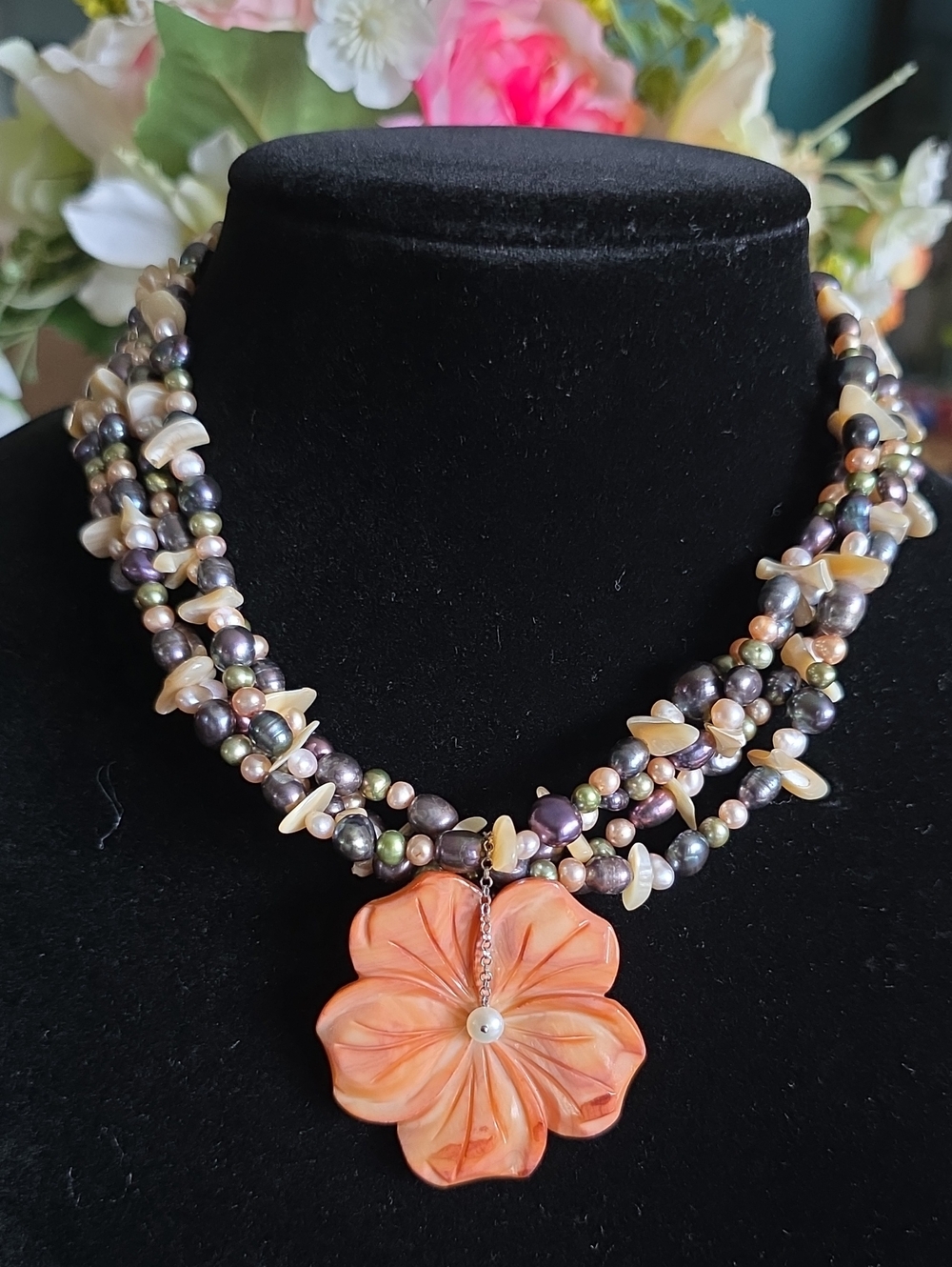 925 Silver OrangeFlower 4 Strand Fresh Water Cultivated Pearl Necklace